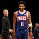 NEW YORK, NEW YORK - APRIL 08: Kyrie Irving #11 of the Brooklyn Nets reacts during the first half against the Cleveland Cavaliers at Barclays Center on April 08, 2022, in the Brooklyn borough of New York City.